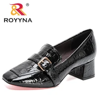 royyna 2020 new designers fashion pumps patent leather thick heel shoes women square toe dress shoes ladies pull on shoes woman