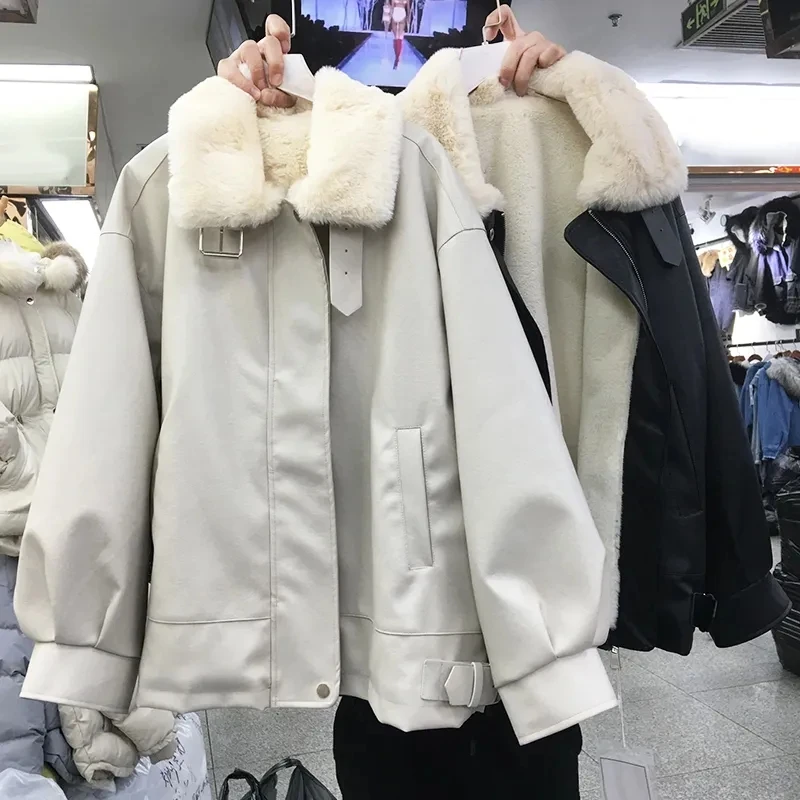 

Winter Autumn Thicken Jacket Women Motorcycle Pu Leather Thickened Lining Coat Faux Fur Warm Biker Thicken Jackets Female