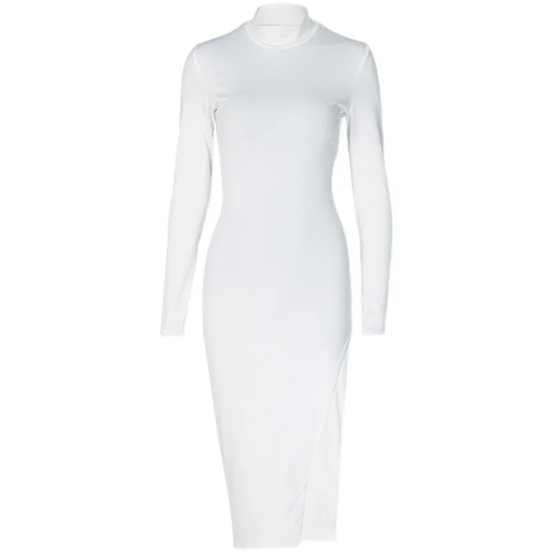

Europe and America 2021 autumn and winter new women's open back round neck long sleeve split dress