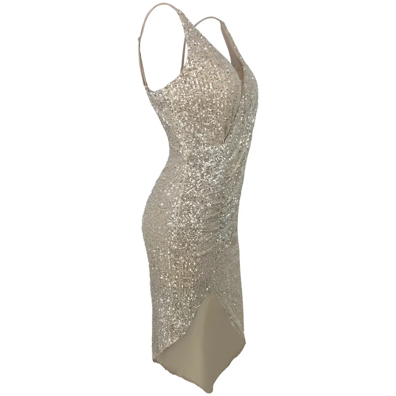 V-neck strap shoulder dress Sequined Club Party Dress Camisole Women Sashes Backless Dresses Sleeveless Sexy Irregular Vestidos Женская