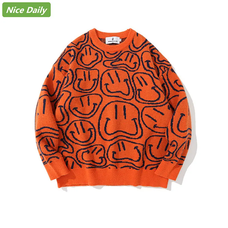 

NiceDaily Autumn Winter Men Sweater Fun Smily Face Warm Knitted Sweater Men's Tide Brand Street Harajuku Loose Couple Casual Top