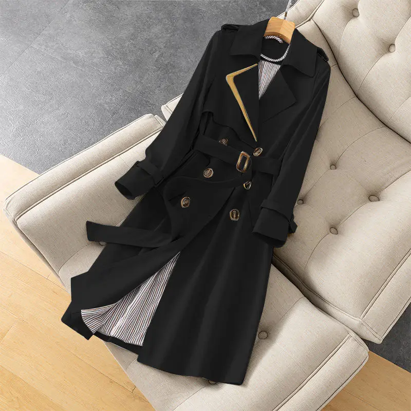 

2021 Temperament Women Trench Lace Up Waist Casual Solid Turn-down Collar Overcoat Plus Size Long Windbreaker Female Trench