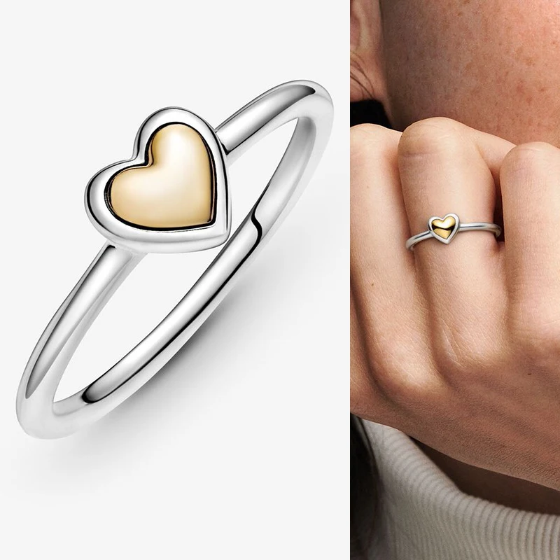 

2021 New 925 Sterling Silver Gold Domed Heart-shaped Pan Ring Is Suitable For Women's Gifts And Wedding Diy Jewelry