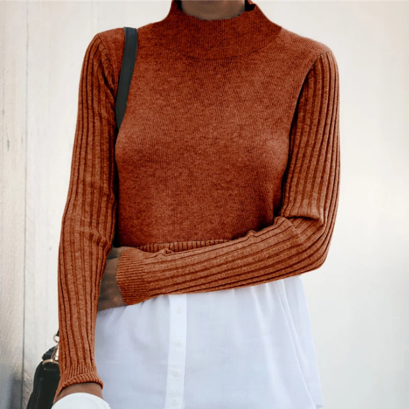 

Woman Sweater Women Knitted Turtleneck Stitching Sweater Female 2021 Long-Sleeved O-Neck Casual Solid Color Pullover Women Tops