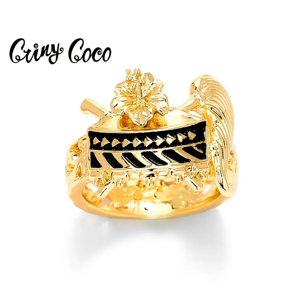 

SophiaXuan Original Design Hawaiian Rings Flower Drum Jewelry Promise Accessories Black Enamel Ring Women Exquisite Gold Color