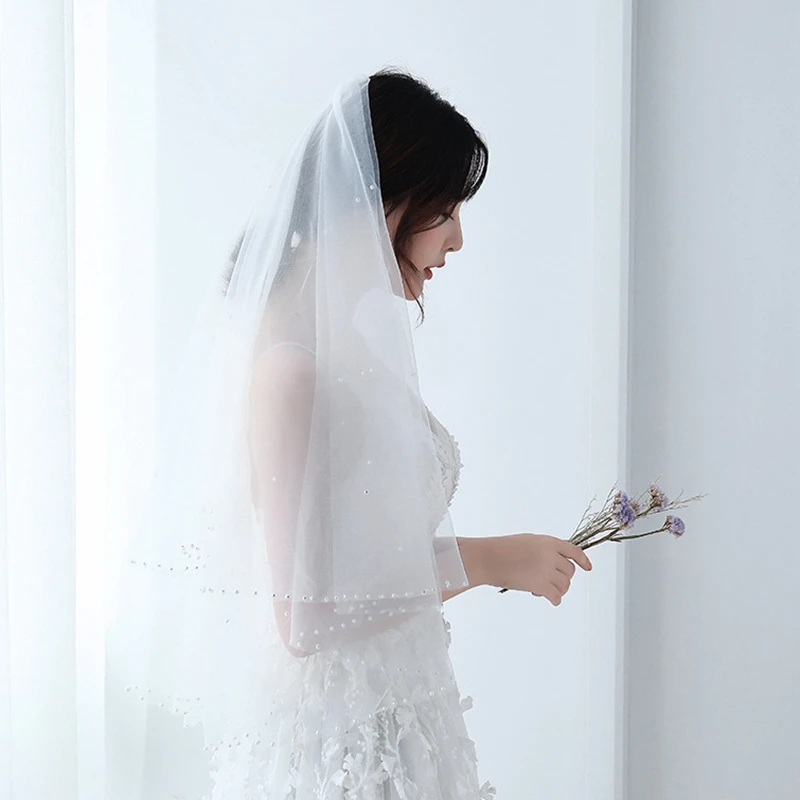 

Cheap Short Two Layer Face Cover Voile Mariage Welon Handmade Pearls Beading Edge Comb Bridal Veils