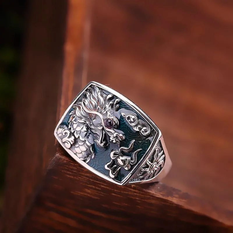 

Серебряное кольцо S925 пробы, Винтажное кольцо из тайского серебра, кольцо с передачей удачи для Мужчин, Ювелирные изделия, кольцо с драконом, украшение с благоприятным облаком