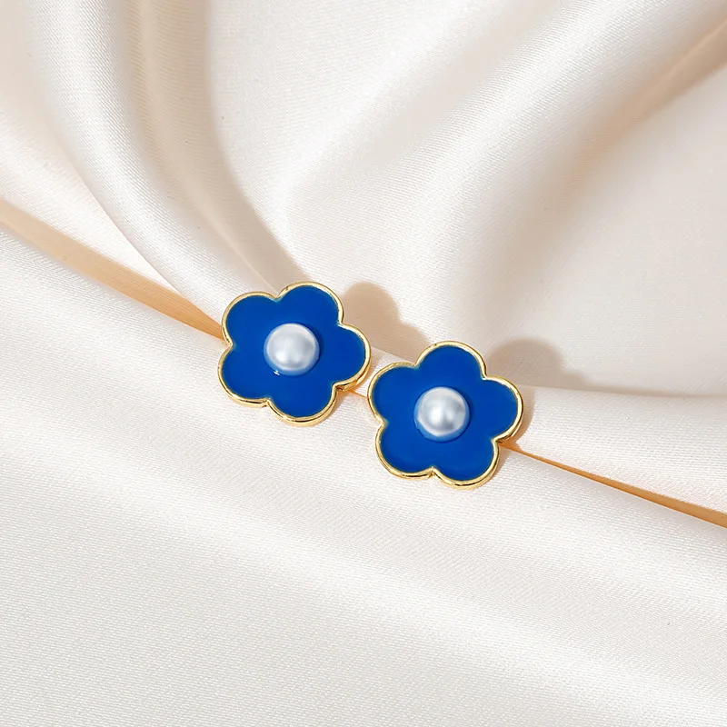 

Trendy Sweet Blue Flower Earrings for Women Girls Korean Elegant Fresh Pearl Stud Earring Female Party Wedding Jewelry Gift
