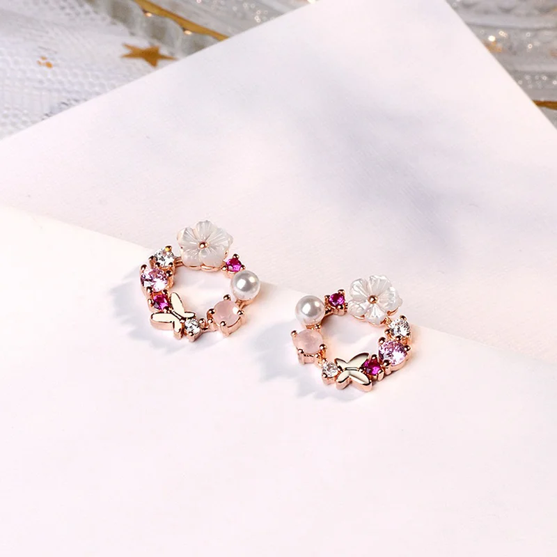

Women's Fashion Flower Wedding Stud Earrings Detail Crystal Pearl Butterfly Romantic Lyrical Earring Piercing Jewelry For Lady
