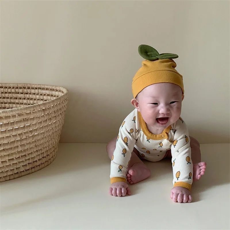 

3Pcs Unisex Newborn Baby Girl Boy Bodysuit Cotton Autumn Lemon Print Jumpsuit Long Sleeve Baby Outfits With Hat and Socks Set