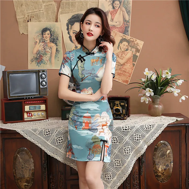 Традиционное китайское Qipao для женщин дракон кран печати классическое Ципао разделение Мандарин Воротник Тонкий Короткие платья вечернее - Цвет: Color3