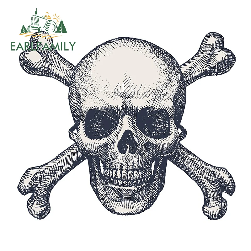 

EARLFAMILY 13cm x 11.6cm for Skull and Bones Illustration Vinyl Car Sticker Personality DIY Anime Surfboard Decal Graphics