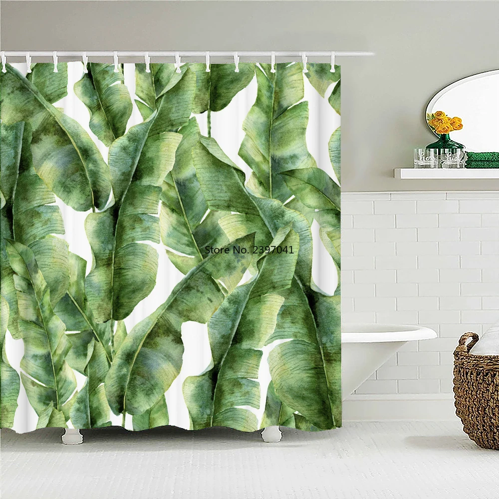 

Waterproof Shower Curtain Green Plant leaf leaves Polyester Fabric 3D Printing Bathroom Curtains for Bathroom Decor with Hooks