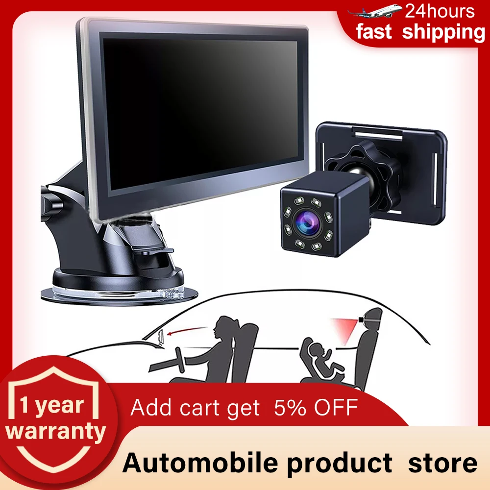 

5‘’AHD Car Baby Rearview Mirror Infant Rear Display View Camera With Adjust 360 Wide View Angle Night Vision Monitor Display