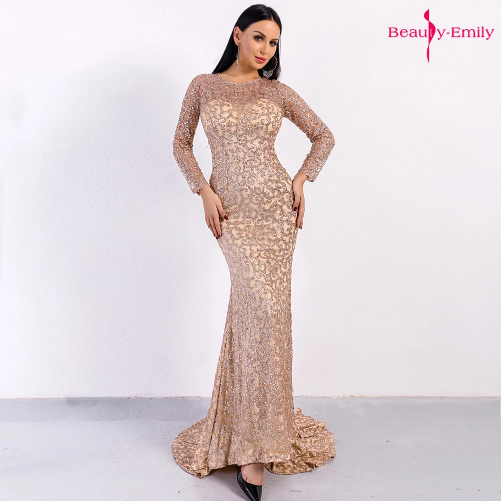

Beauty-Emily O Neck Sequins Evening Dresses Long Mermaid Dresses Lace Full Sleeves Party Dress High Quality soiree For Muslim