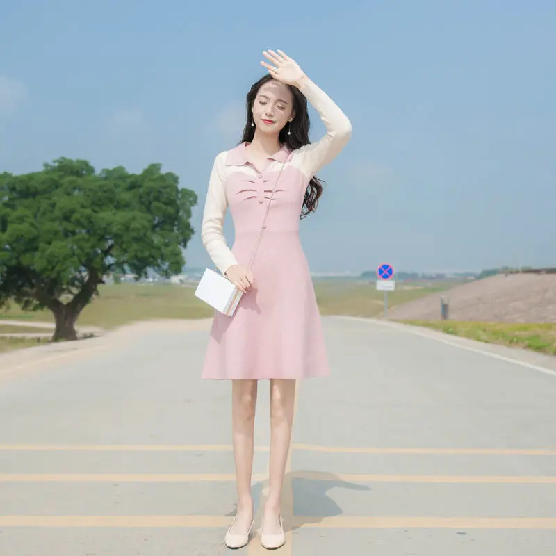 

2021 spring and Autumn New Women's French retro knitting skirt with slim waist and fresh sweater