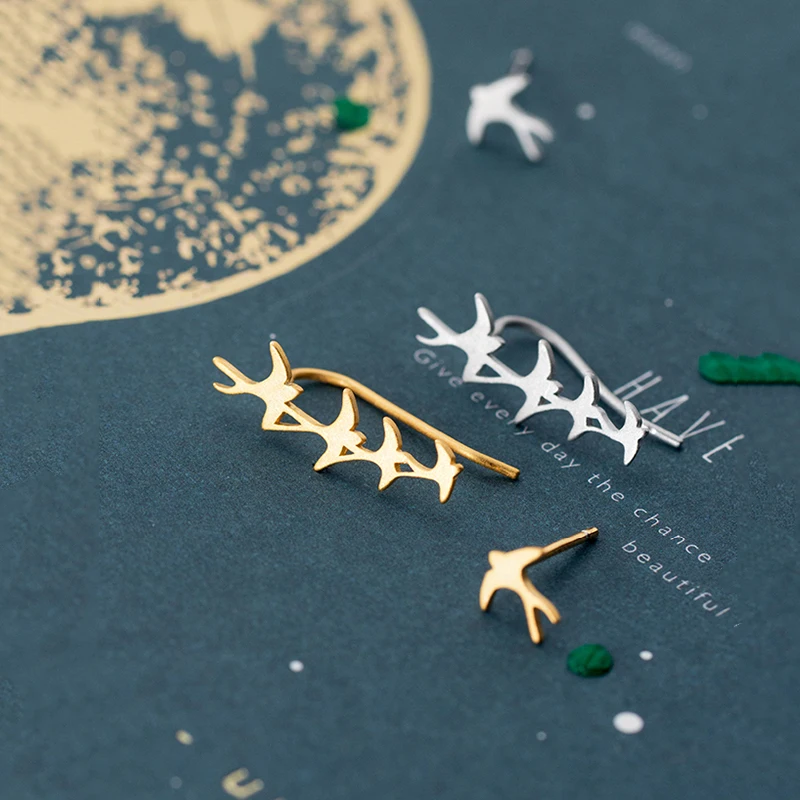 

PONYKISS Trendy 925 Sterling Silver Swallow Birds Asymmetry Stud Earrings for Women Party Fine Jewelry Minimlist Accessory