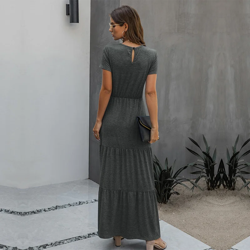 

Spring Summer Solid Elegant Ladies Long Dress Women Fashion O Neck High Waist Short Sleeve Dress 2021 New