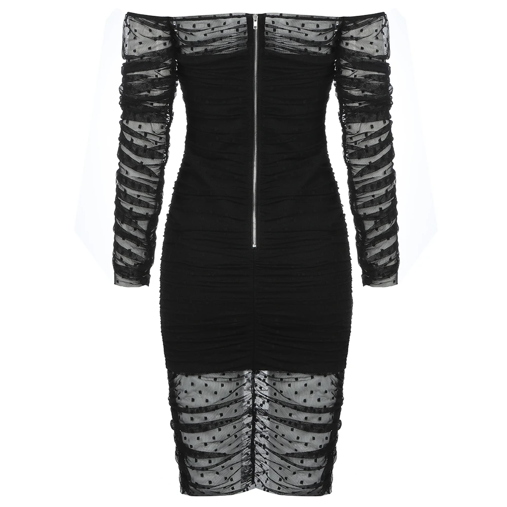 Элегантное женское Бандажное платье черное Сетчатое вечернее с длинным рукавом