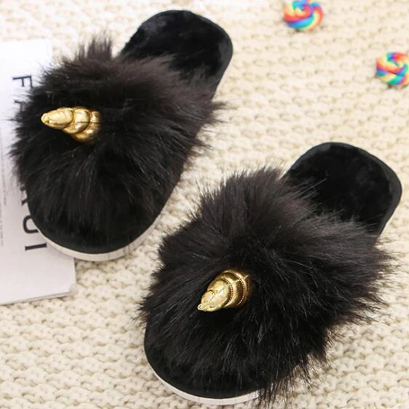 Зимние женские плюшевые тапочки с объемным рисунком единорога Домашние для