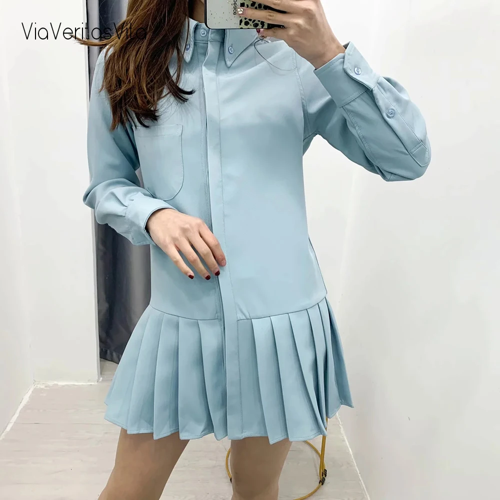 Новые женские платья-рубашки с длинным рукавом приталенные плиссированные