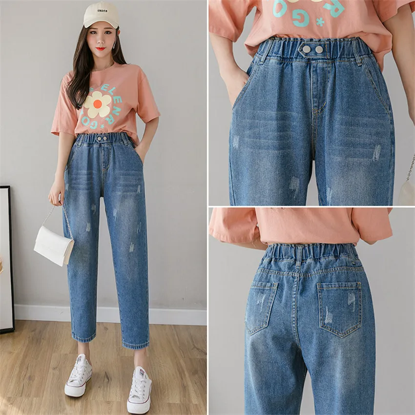 

Spring Autumn Plus Size Jeans For Women 4XL 5XL 6XL High Street Ripple Vintage Casual Loose Harem Pants Elastic Waist Trousers