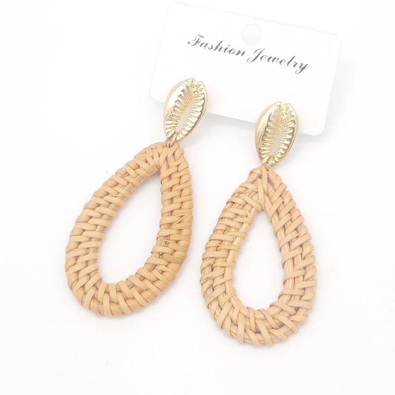 Metal shell 5 Bohemia Wicker Rattan Knit Earrings Ethnic Wood Bamboo Weaving Geometric Circle Statement Drop Earrings for Women Jewelry - Окраска металла: Metal shell 5
