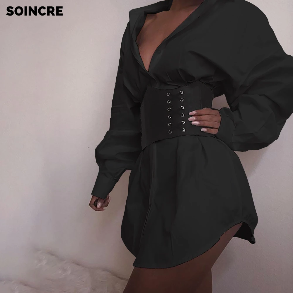 

Office Ladies Long Sleeve Deep V Shirt Dress Sexy Mini Beach Dress Women Single-Breasted lapel long-Sleeved Casual slim dress