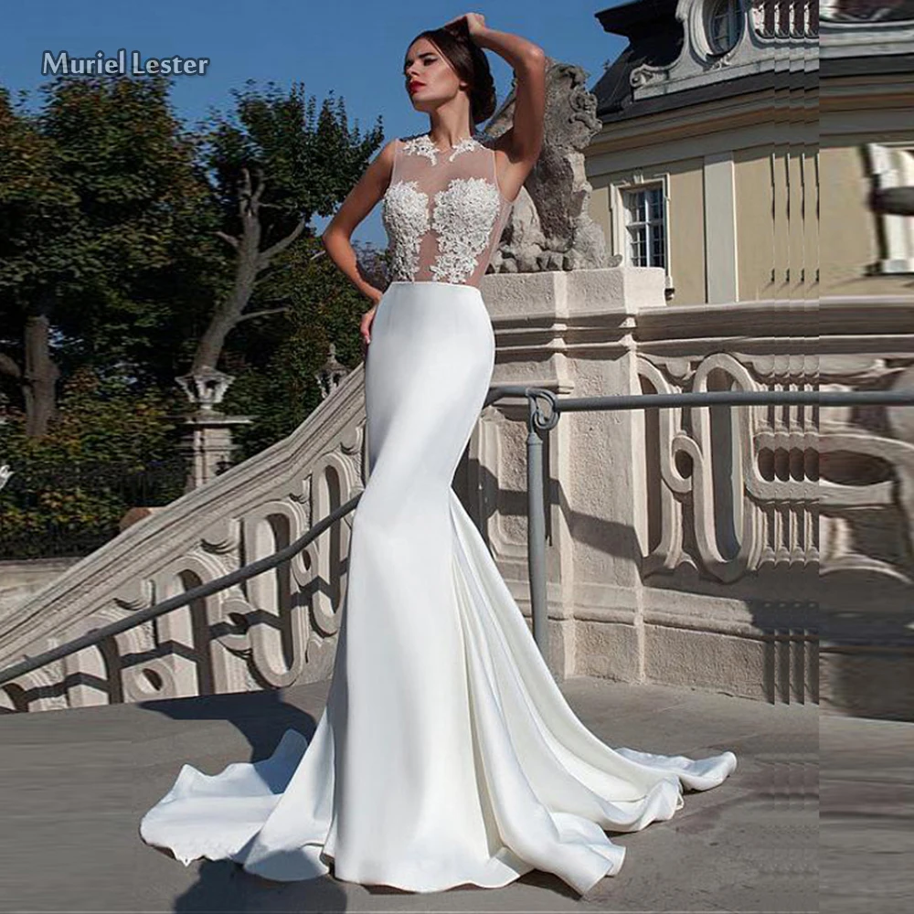 

Sexy See Through Tulle Appliques Wedding Dres For Women Bride Soft Satin Mermaid Bridal Gown Custom Made Robe De Mariee 2020