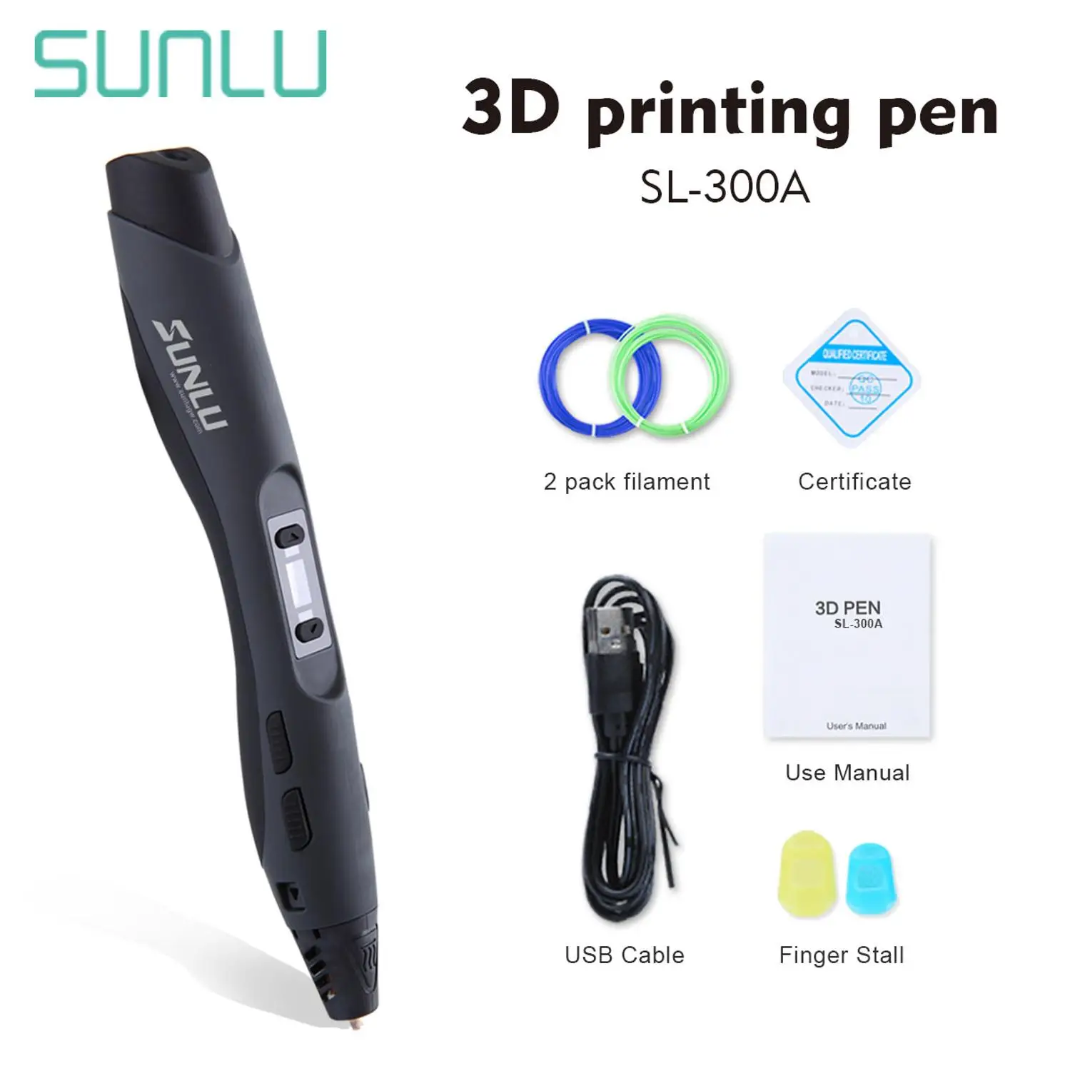 SL-300A-black SUNLU 3D Ручка, новинка, для детей, сделай сам, 3D Ручка для рисования, класс скорости, контроль, 3d Ручка для принтера, PCL, PLA, ABS нити, заправка, подарок на день рождения - Цвет: SL-300A-black