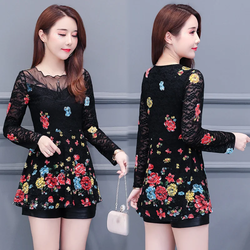 Женская блузка с длинным рукавом Повседневная приталенная цветочным принтом