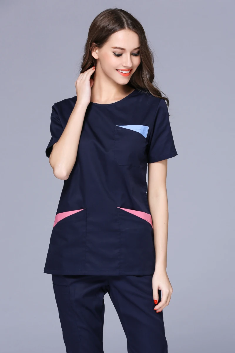Женская летняя форма с коротким рукавом и круглым вырезом карманами|Медицинский