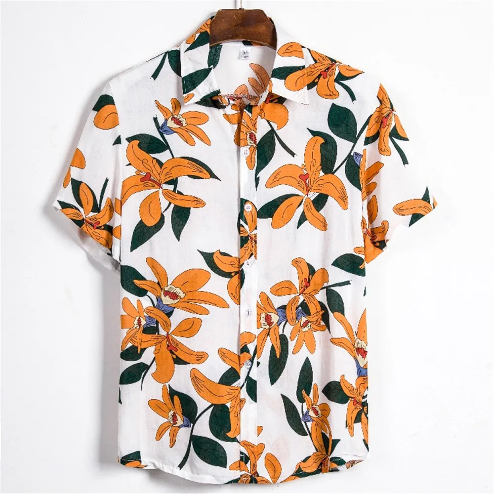 

Summer Classic Men Hawaiian Shirts Short Sleeve Lapel Leaf Flower Print Single-Breasted Beach Shirts Men's Clothing 2021