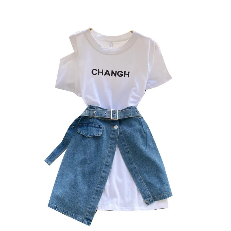 

Kimutomo Casual Women Suit Short Sleeve Letter Printed Slim Long T-shirt + Irregular Fashion Denim Skirt 2 Piece Set Streetwear