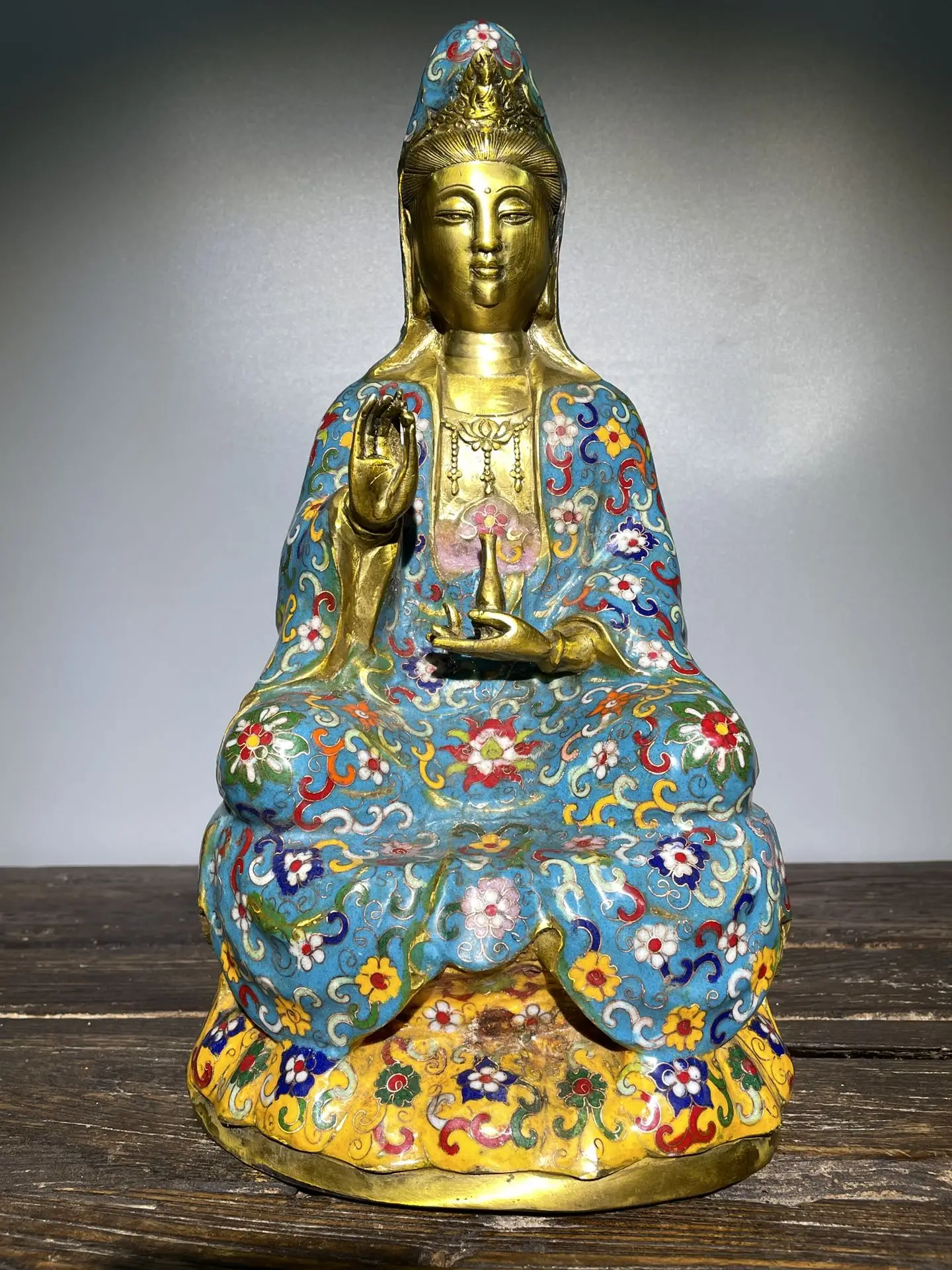 

15"Chinese temple collection Old Bronze Cloisonne Enamel Guanyin Bodhisattva Buddha Sitting Buddha Ornaments Town House Exorcism