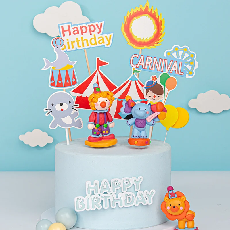 

Cartoon Happy Birthday Cake Topper Circus Theme Elephant Fire Wheel Lion Show Baby Shower Birthday Decoration Kids Party Favors