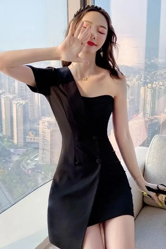 

COIGARSAM Women one-piece dress korean New Summer Strapless High Waist Dresses Black 6608