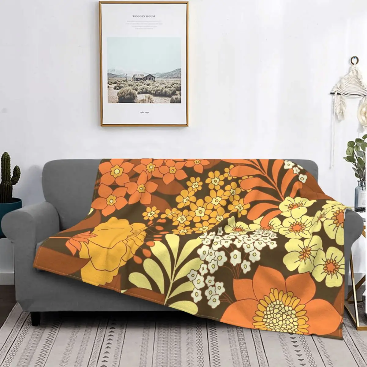 

Manta de franela con capucha para dormitorio, manta de gasa de gran tamaño con estampado de flores Retro, marrón, amarillo, nara