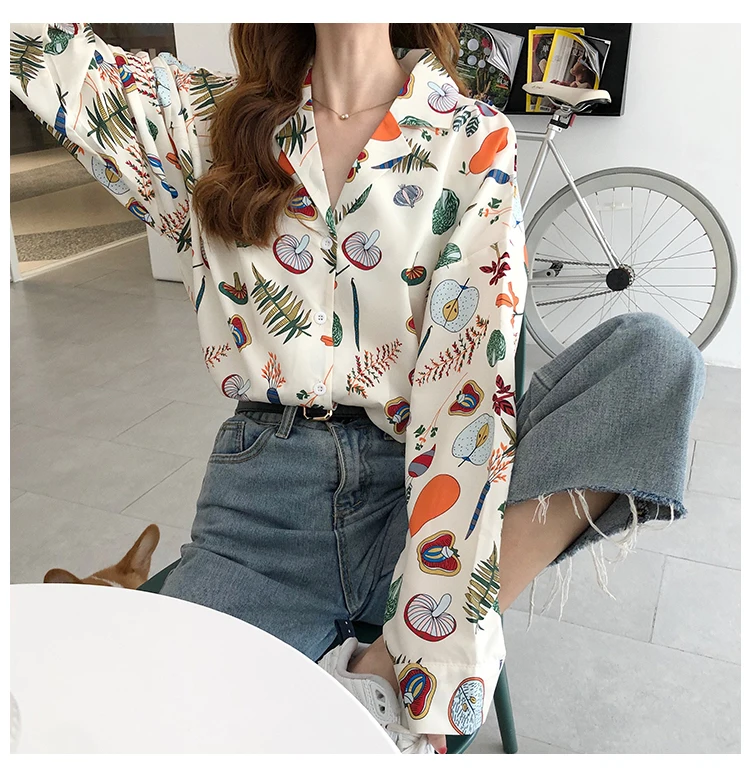 

new spring autumn sweet Korean style Women Clothing fashion brand Blouses long sleeve notched print casual shirts mujer de moda