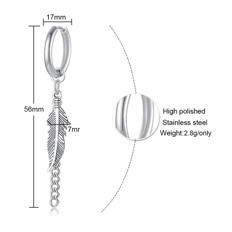 Vnox 1 Piece Feather Dangle Earrings for Women Men Stainless Steel Link Chain Drop Punk Ear Accessory images - 6