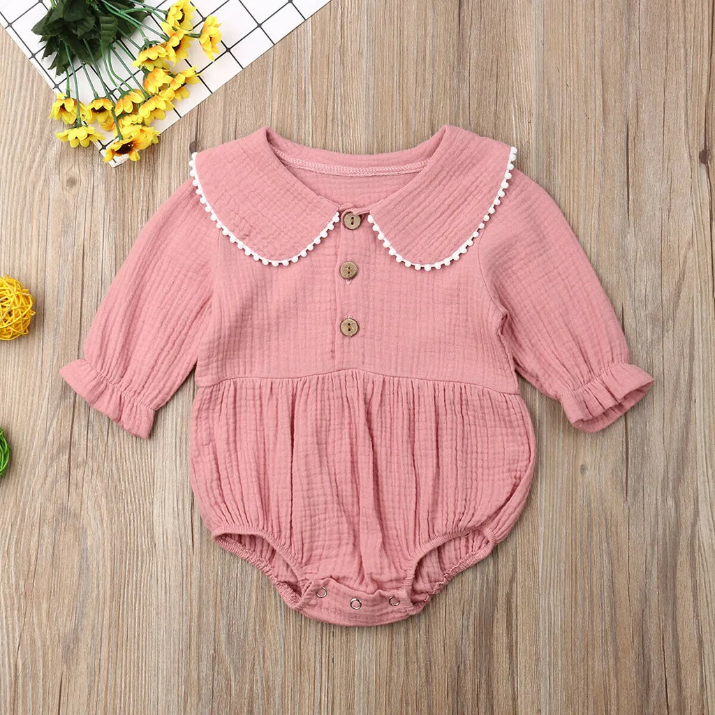 SAGACE Baby Rompers Cute Newborn Doll Collar Girl Solid Long Sleeve Ruched Tops For Infant Romper Clothes Boy | Детская одежда и