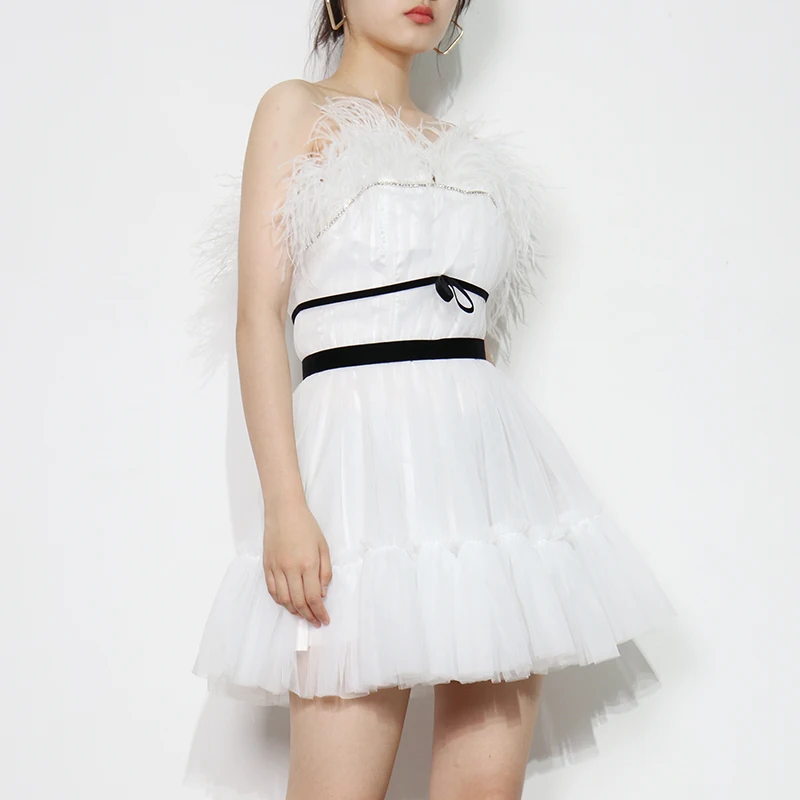 

Summer Patchwork Feather Dress For Women Slash Neck Sleeveless High Waist Elegant Dresses Female Fashion New 2021