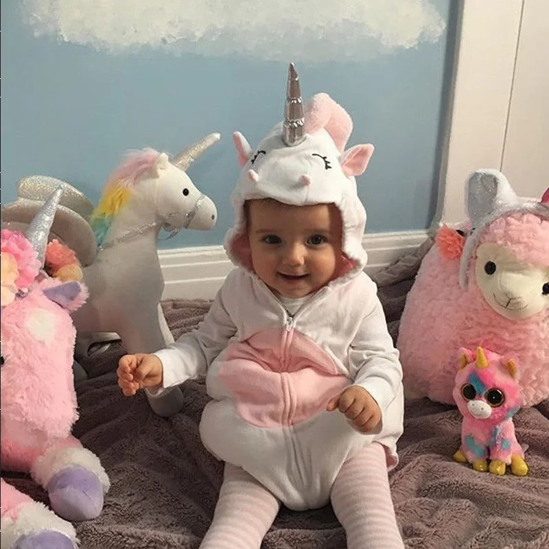 Cute Unicorn Baby Girl Clothes White Pink Long Sleeve Cotton Hoodies Zipper Romper Tops Costume Jumpsuit Outfits Clothes