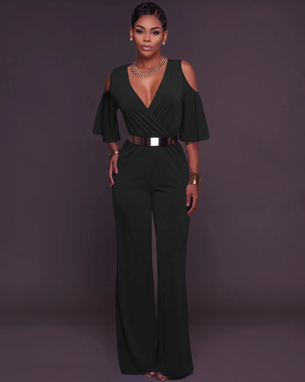 Женский свободный комбинезон с коротким рукавом V образным вырезом и широкими