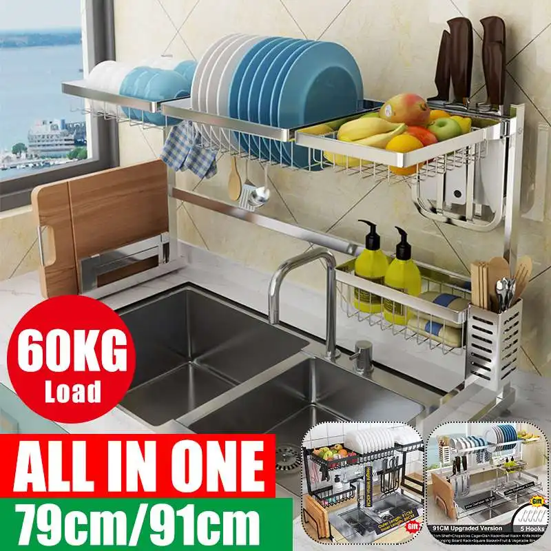 

79/91CM Kitchen Shelf Rack Stainless Steel Dishes Drying Storage Rack Countertop Utensils Holder Over Sink Dish Drying Rack