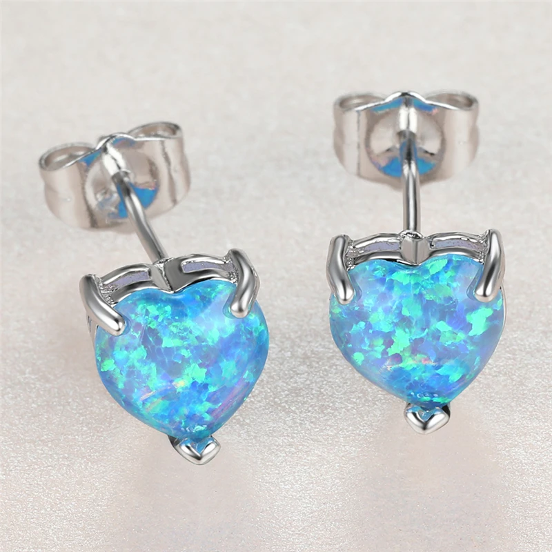 

Vintage Female Blue Opal Stone Earrings Charm Silver Color Small Stud Earrings Dainty Love Heart Wedding Earrings For Women