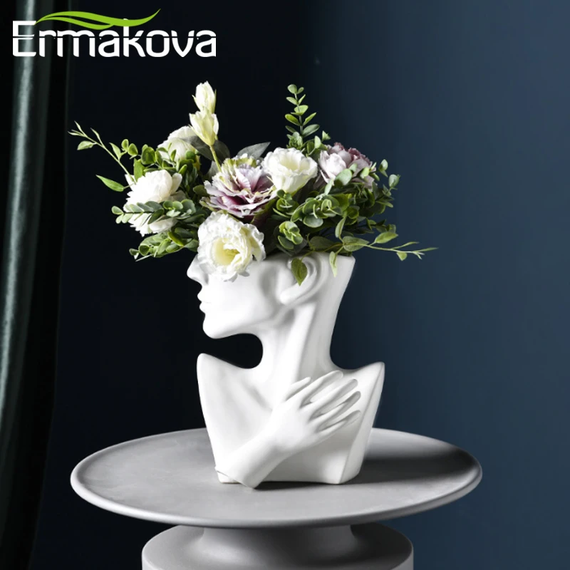 

Ermakova - head ceramic vase, Nordic style, abstract flower arrangement, bust, face, modern home decoration