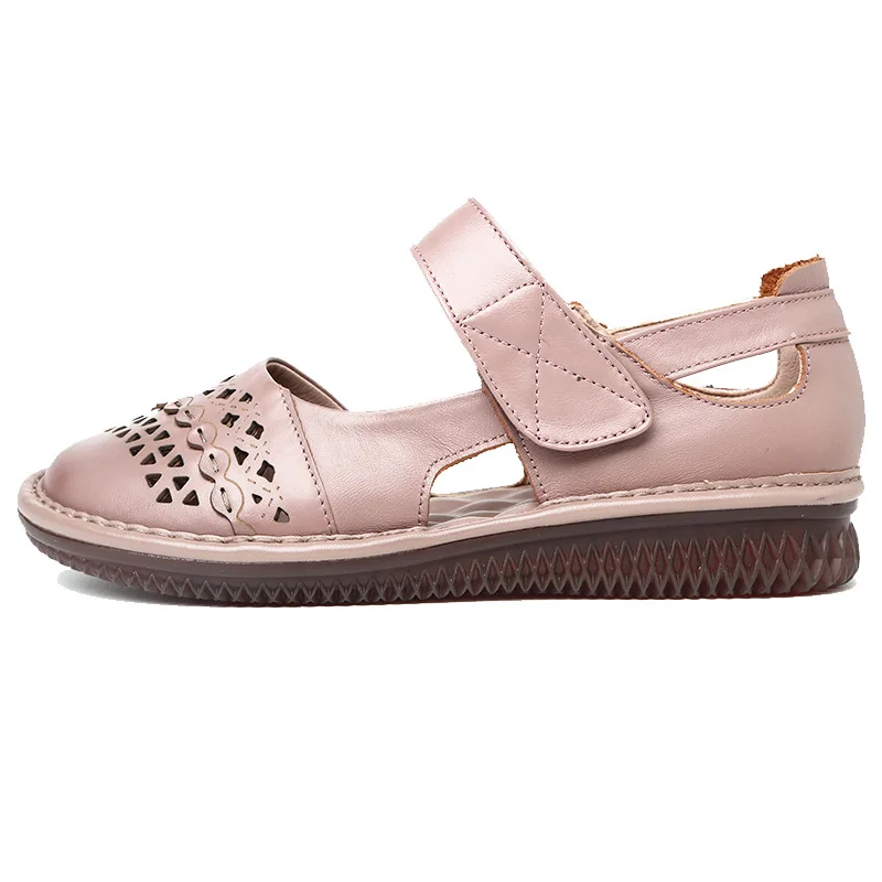 

2021 Spring New Genuine Leather Sandals Hollow out Flat Bottom Flat Heel Retro Ethnic Style Soft Bottom Hole Shoes for Women