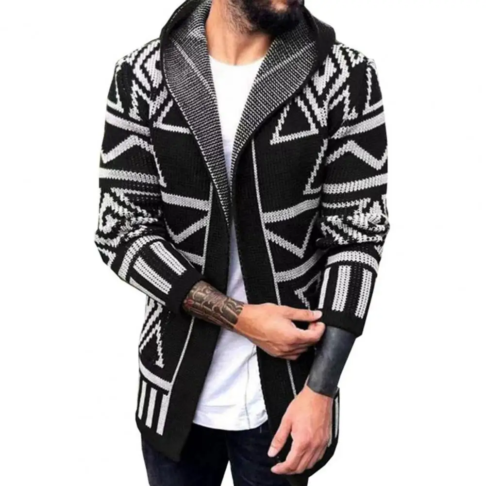 

Long Sleeve Thickened Sweater Cardigan Mid-Length Graphics Print Open Stitch Hooded Coat Knitwear