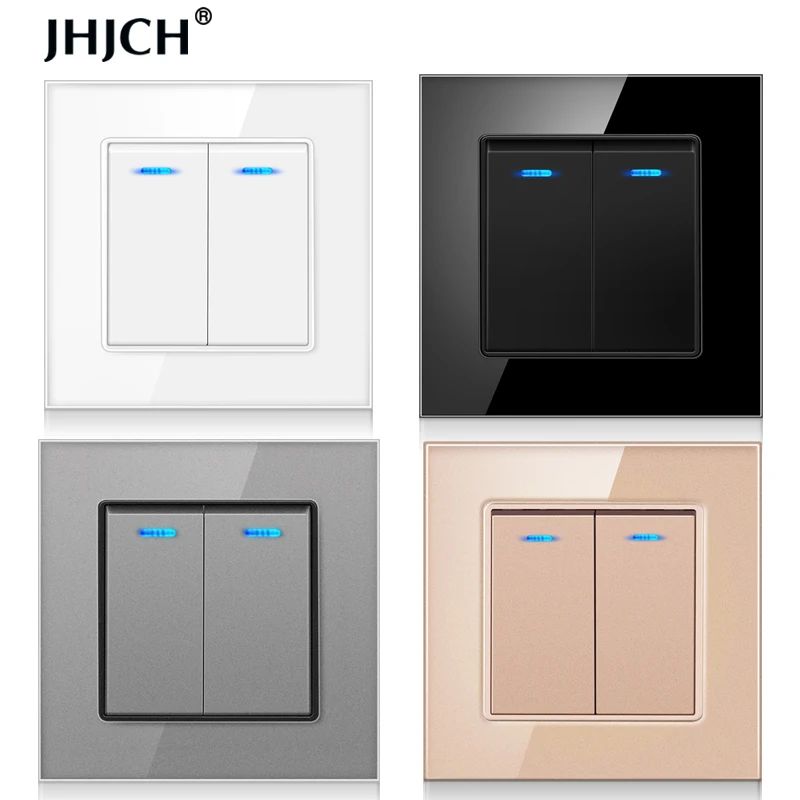Jhjch, панель из хрустального стекла, 2 комплекта, 2-ходовой переключатель света ВКЛ./ВЫКЛ., настенный переключатель для лестницы, переключатель со светодиодный ным индикатором 16 А